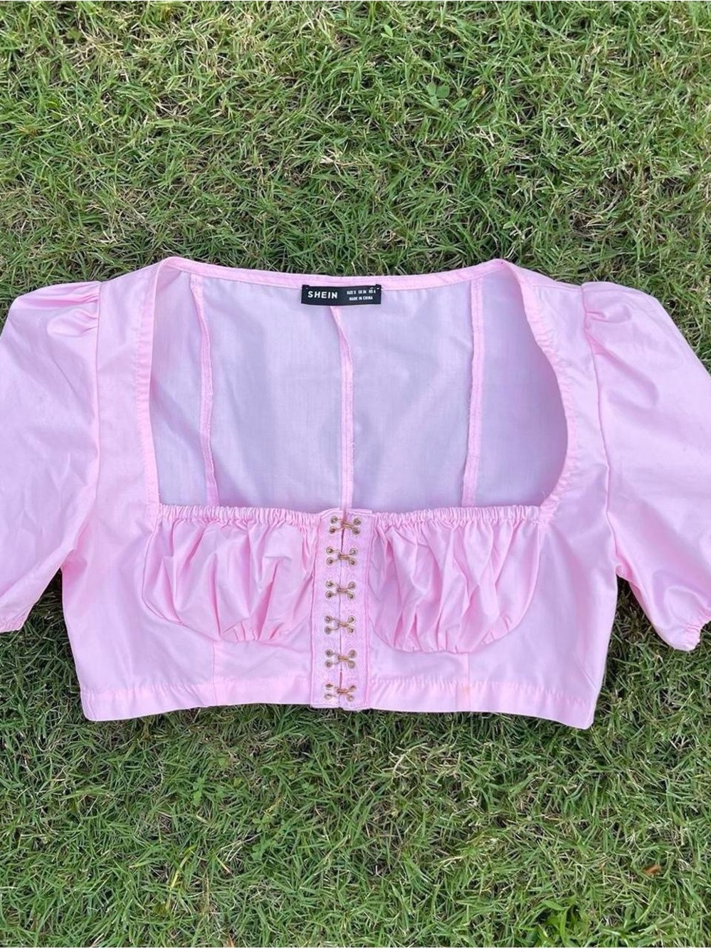 SHEIN Light Pink Square Neck Puff Sleeve Crop Top